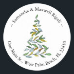Christmas Tree Round Return Address Labels<br><div class="desc">Elevate your holiday mailings with these elegant, modern return address labels in a round format featuring a Christmas tree in line art and watercolor shades of golden yellow and green. Customise with your names and address using the simple template fields. Perfect for adding a touch of festive charm to your...</div>