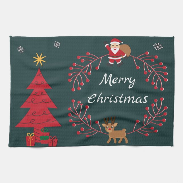 Christmas Tree, Santa and Rudolph Tea Towel (Horizontal)