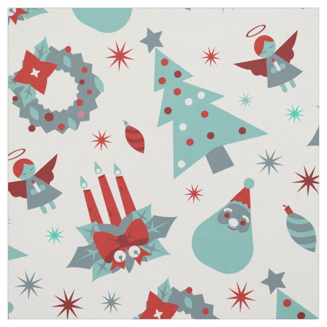 Christmas Tree Santa Baubles Pattern Fabric (Swatch)