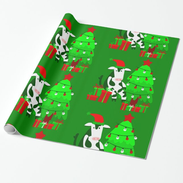 christmas tree santa claus cow  wrapping paper (Unrolled)
