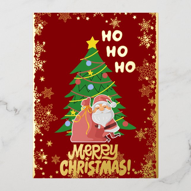 Christmas tree | Santa | customisable gold Foil Holiday Postcard (Front)