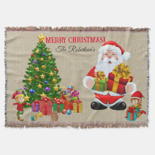 Christmas Tree Santa & Elves Add Name Gift Throw Blanket