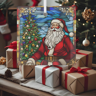 Christmas Tree Santa Faux Stained Glass Glass Tree Decoration