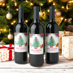 Christmas Tree Santa Holiday Red Green Wine Label