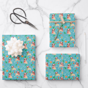 Christmas Tree Santa Pug Candy Canes Ornaments Wrapping Paper Sheet
