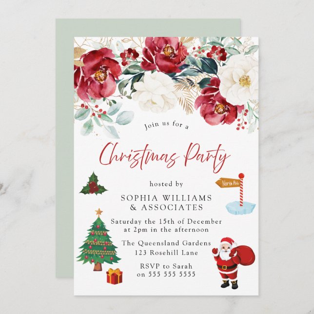 Christmas Tree Santa Red Floral Christmas Party Invitation (Front/Back)