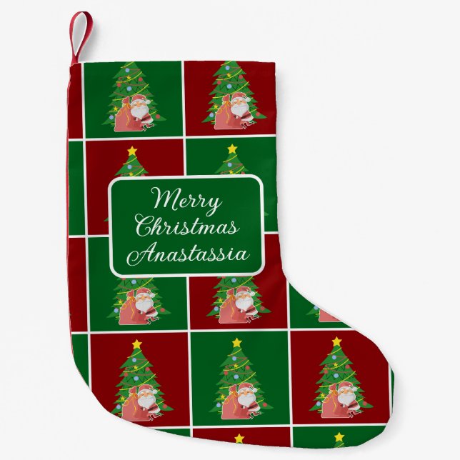 Christmas tree | Santa | red green customisable  Small Christmas Stocking (Front)