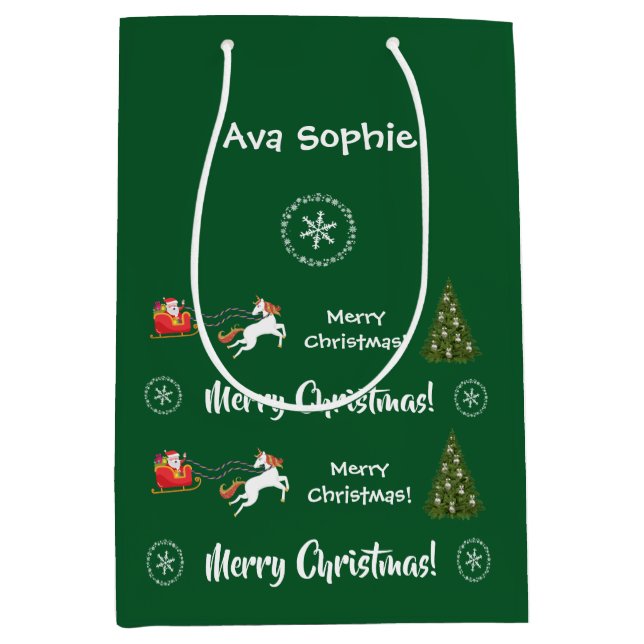 Christmas Tree Santa Sleigh Unicorn Personalised   Medium Gift Bag (Front)