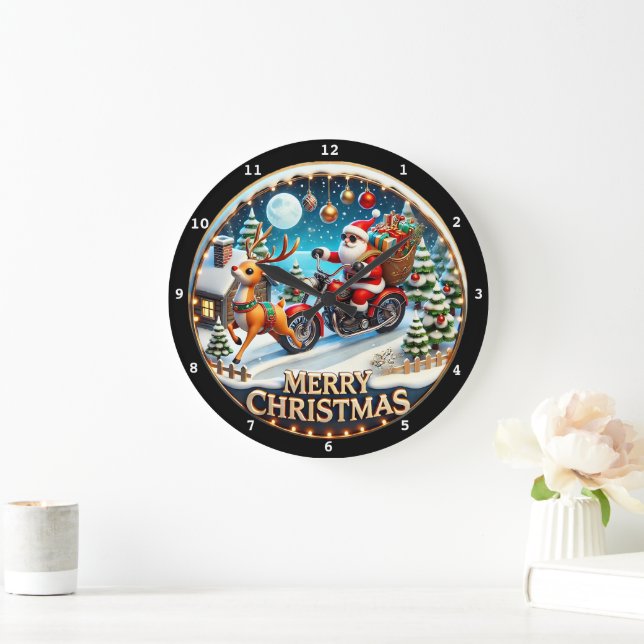 Christmas Tree Santa's Motorcycle Large Clock (Home)