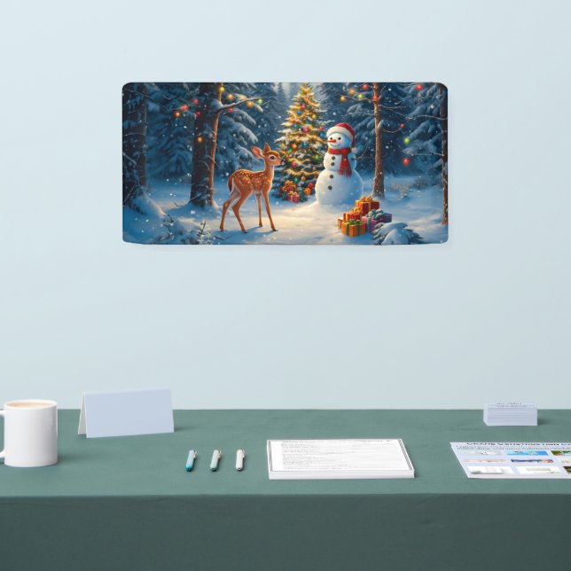 Christmas Tree Scene Cute Deer Fawn Snowman Banner (Tradeshow)