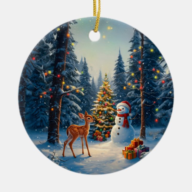 Christmas Tree Scene Cute Deer Fawn Snowman Ceramic Tree Decoration (Front)