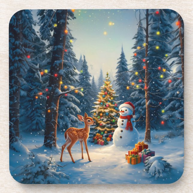 Christmas Tree Scene Cute Deer Fawn Snowman Coaster (Front)