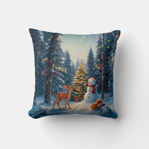 Christmas Tree Scene Cute Deer Fawn Snowman Cushion
