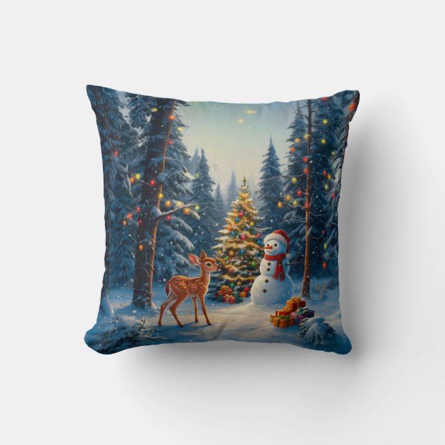 Christmas Tree Scene Cute Deer Fawn Snowman Cushion (Front)