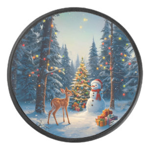 Christmas Tree Scene Cute Deer Fawn Snowman Hockey Puck