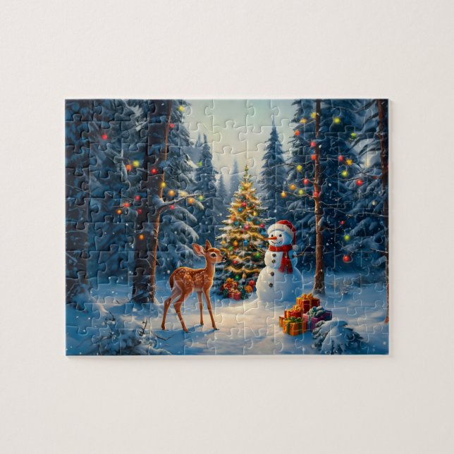 Christmas Tree Scene Cute Deer Fawn Snowman Jigsaw Puzzle (Horizontal)