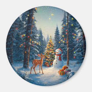 Christmas Tree Scene Cute Deer Fawn Snowman Magnet