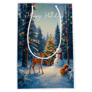 Christmas Tree Scene Cute Deer Fawn Snowman Medium Gift Bag