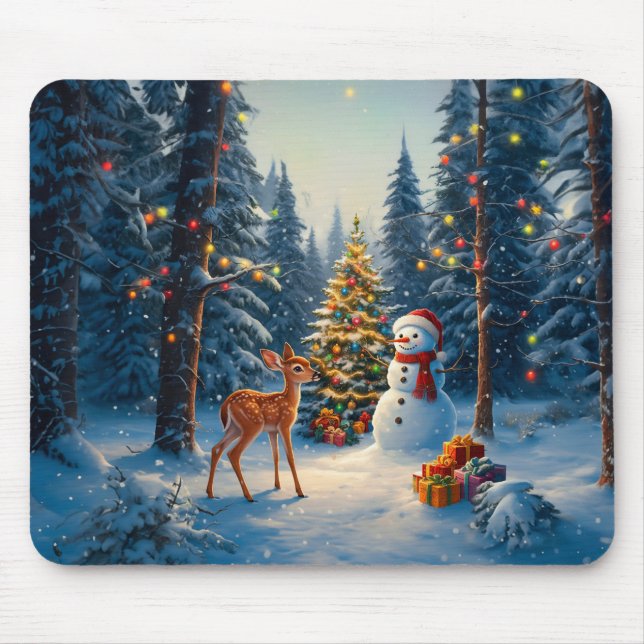 Christmas Tree Scene Cute Deer Fawn Snowman Mouse Pad (Front)