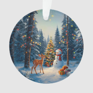 Christmas Tree Scene Cute Deer Fawn Snowman Ornament