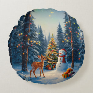 Christmas Tree Scene Cute Deer Fawn Snowman Round Cushion