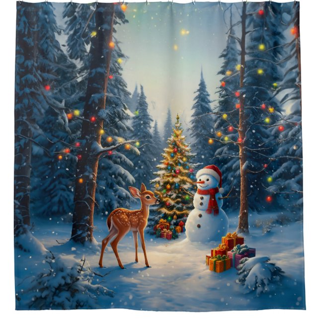Christmas Tree Scene Cute Deer Fawn Snowman Shower Curtain (Front)