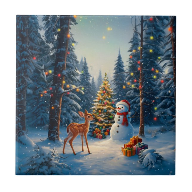 Christmas Tree Scene Cute Deer Fawn Snowman Tile (Front)