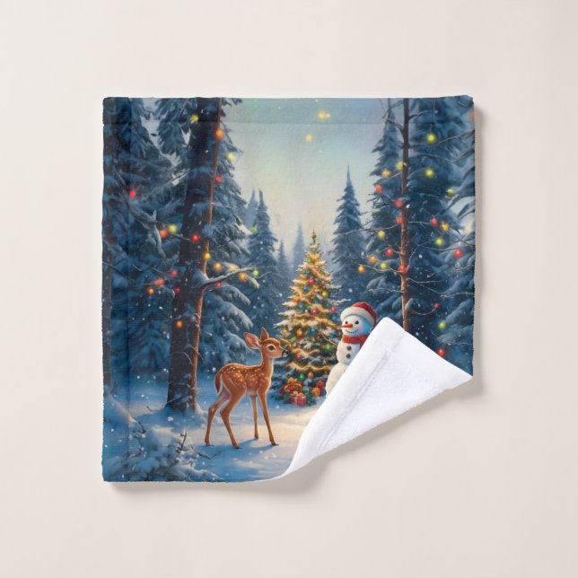 Christmas Tree Scene Cute Deer Fawn Snowman Wash Cloth (Wash Cloth)