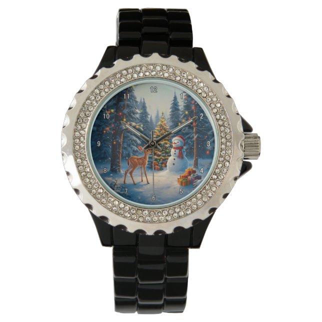 Christmas Tree Scene Cute Deer Fawn Snowman Watch (Front)
