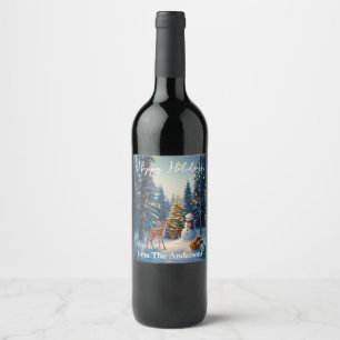 Christmas Tree Scene Cute Deer Fawn Snowman Wine Label