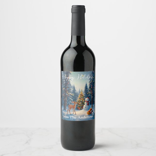 Christmas Tree Scene Cute Deer Fawn Snowman Wine Label (Front)