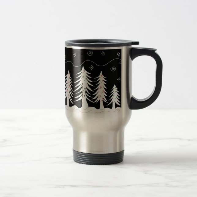 Christmas Tree Scene in Black and White Travel Mug (Right)
