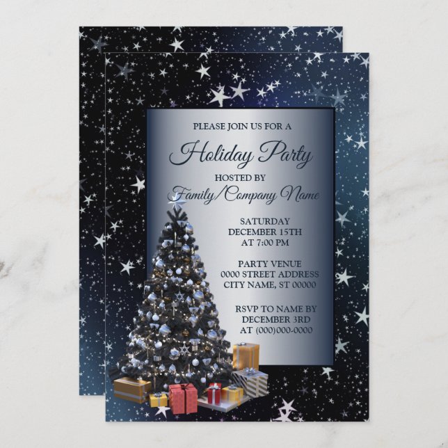 Christmas Tree Shiny Stars Navy Blue Holidays Invitation (Front/Back)