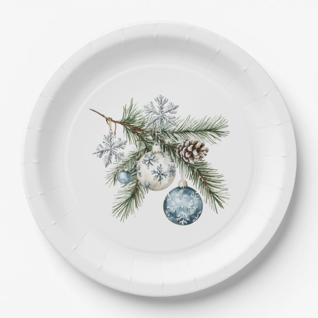 Christmas Tree Silver Snowflakes Blue Ornaments Paper Plate (Front)