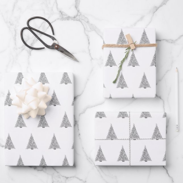 Christmas tree silver sparkle stylish wrapping paper sheet (Front)