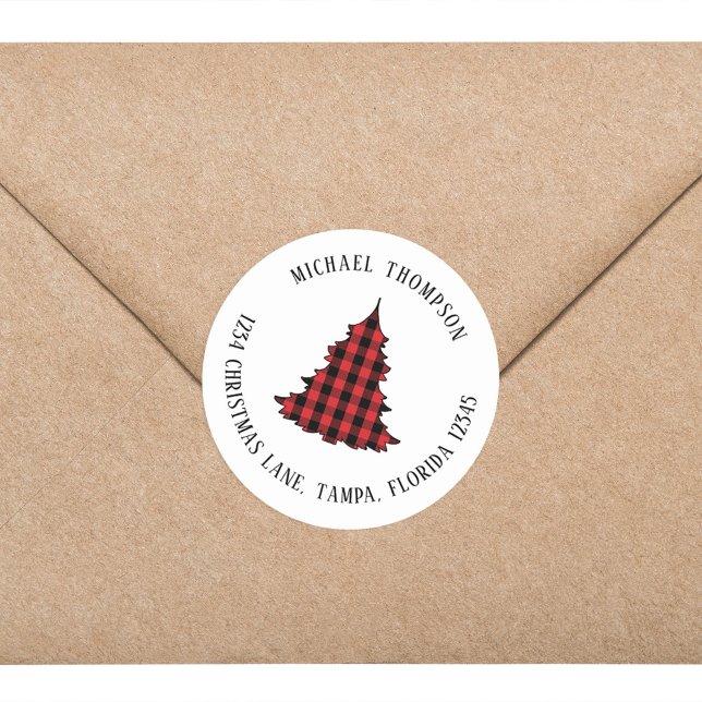Christmas Tree Simple Holiday Return Address  Classic Round Sticker (Simple Christmas Tree Buffalo Plaid Return Address Label)