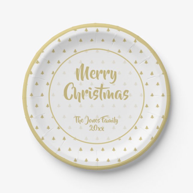 Christmas Tree Simple Icon Pattern Gold and White Paper Plate (Front)