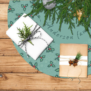 Christmas tree skirt, holly and snowflakes on blue brushed polyester tree skirt