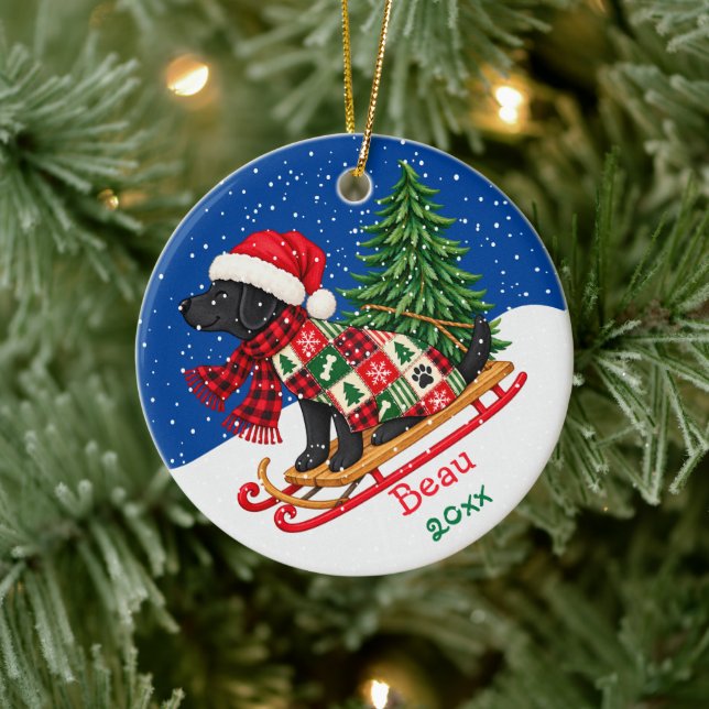 Christmas Tree Sled Cute Patchwork Black Lab Ceramic Tree Decoration (Tree)