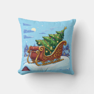 "Christmas Tree Sleigh Winter Snow Scene Holiday Cushion