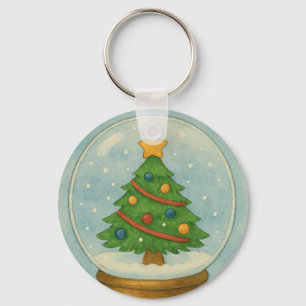 Christmas Tree Snow Globe in Watercolor Winter Key Ring