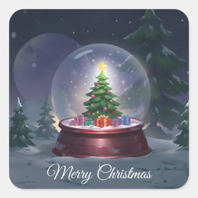Christmas Tree Snow Globe Square Sticker (Front)