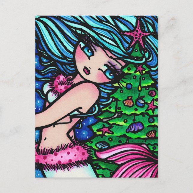 Christmas Tree Snow Mermaid Fantasy Art Postcard (Front)