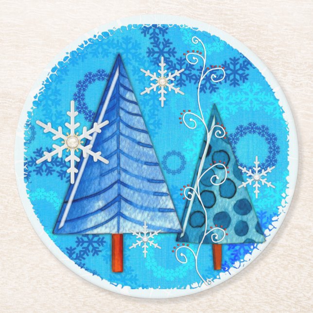 Christmas Tree & Snowflake Jewelled Round Paper Coaster (Front)