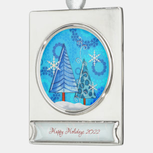 Christmas Tree & Snowflake Jewelled Silver Plated Banner Ornament