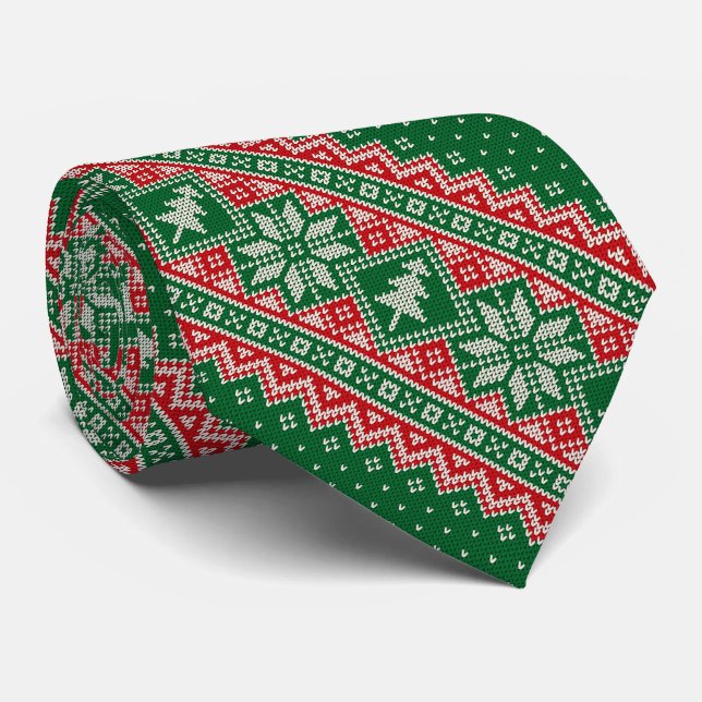 Christmas Tree Snowflake Red Green Christmas Tie (Rolled)