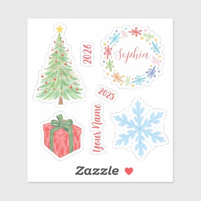 Christmas Tree Snowflakes & Floral Custom Name (Sheet)