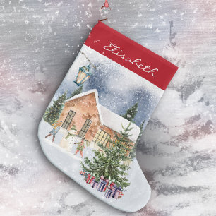 Christmas Tree Snowman Children Gifts Winter Scene Large Christmas Stocking