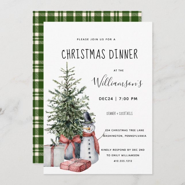 Christmas Tree Snowman Christmas Dinner Invitation (Front/Back)