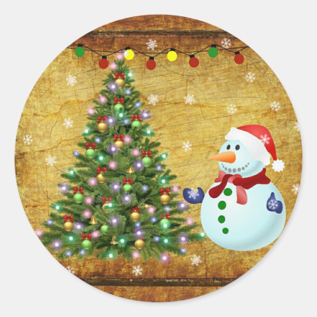 Christmas Tree Snowman Classic Round Sticker (Front)